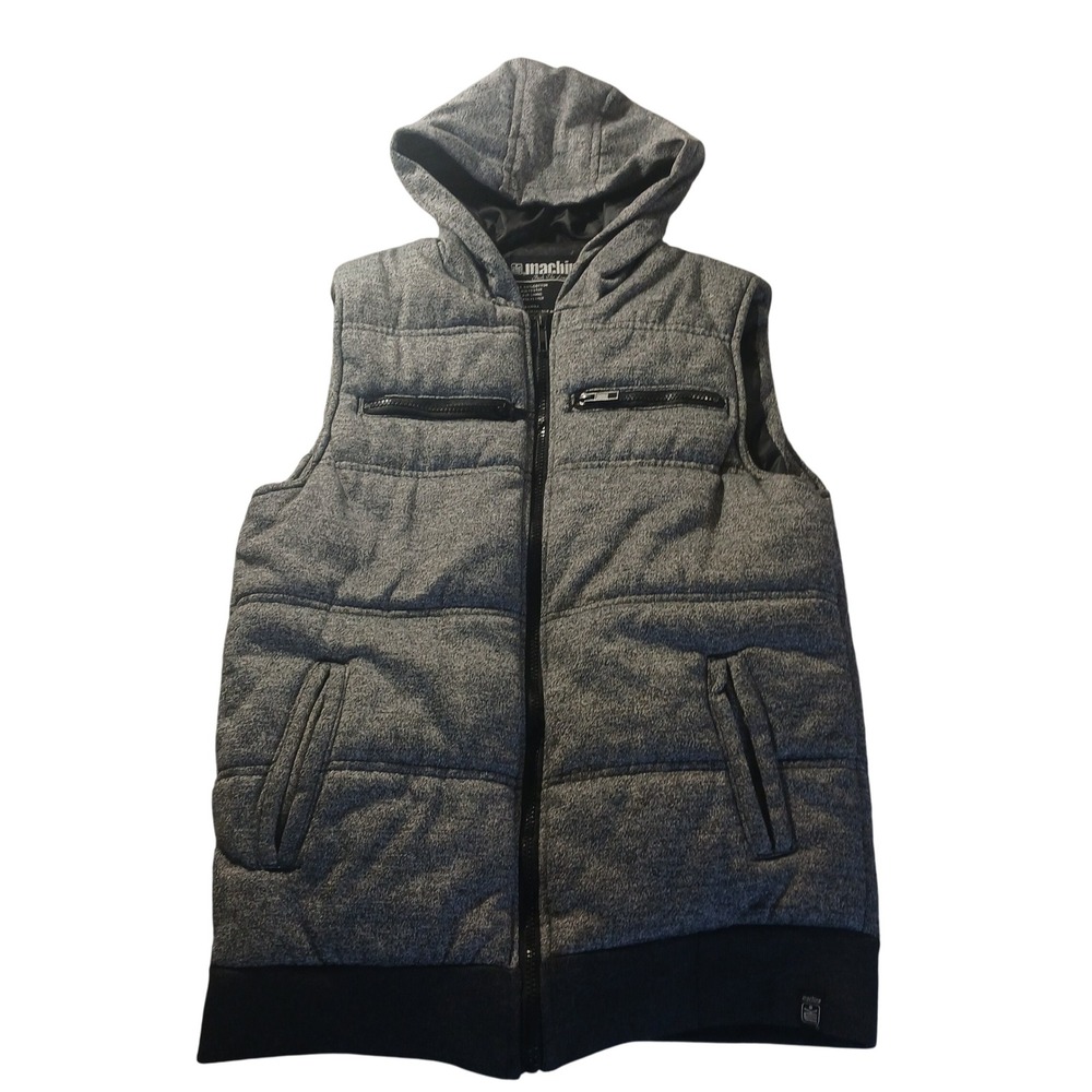 Machine Hooded Puffer Vest S Gray Quilted Zip‎ Front Streetwear Cold Layering